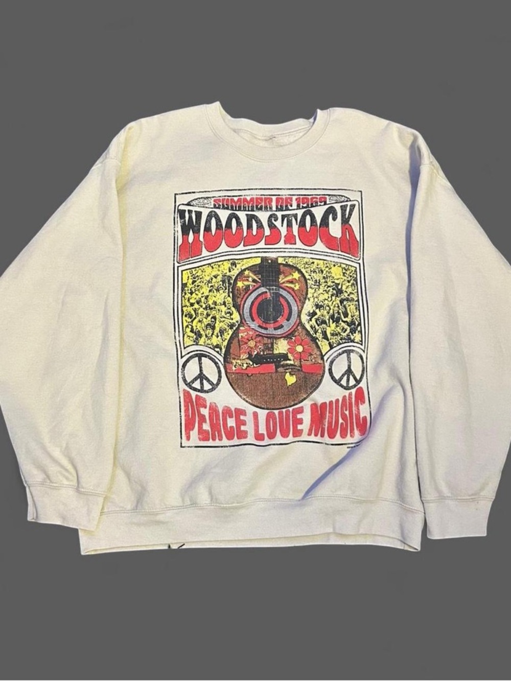 Woodstock 'Peace Love Music' Graphic Crewneck Sweater - White